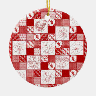 Redwork Stitched Flowers Quilt-RED- Ceramic Tree Decoration