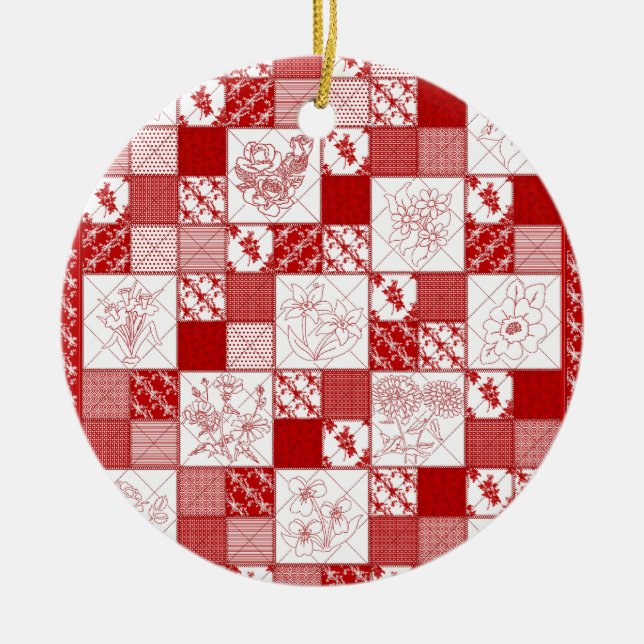 Redwork Stitched Flowers Quilt-RED- Ceramic Tree Decoration (Front)