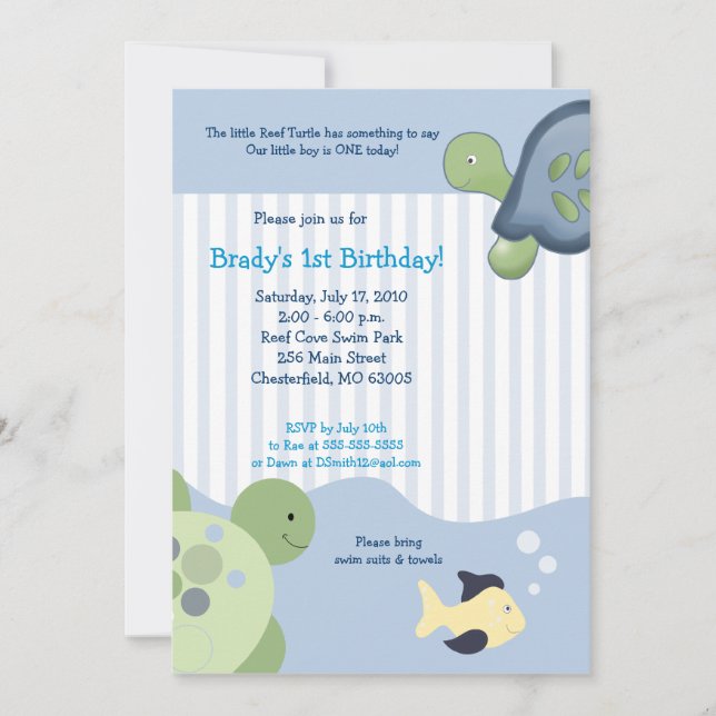 REEF TURTLE & Fish 5x7 Custom Birthday Invitation (Front)