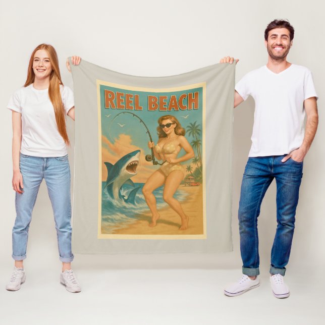 Reel Beach Shark Fishing Pin-Up Retro Coastal Life Fleece Blanket (In Situ)