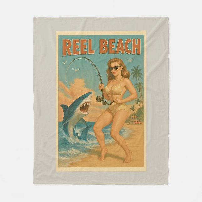 Reel Beach Shark Fishing Pin-Up Retro Coastal Life Fleece Blanket (Front)