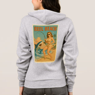 Reel Beach Shark Fishing Pin-Up Retro Coastal Life Hoodie