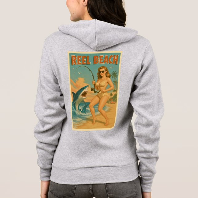 Reel Beach Shark Fishing Pin-Up Retro Coastal Life Hoodie (Back)