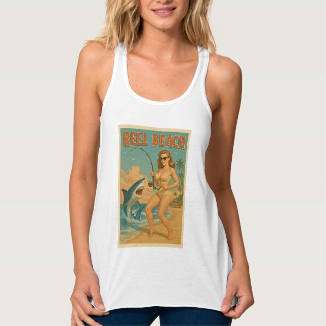 Reel Beach Shark Fishing Pin-Up Retro Coastal Life Singlet (Front)
