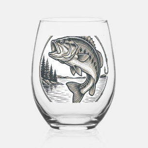 Reel Cool Grandpa Vintage Fishing Bass Shirt Desig Stemless Wine Glass