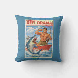 Reel Drama Shark Fisherman   Funny Retro Boating Cushion