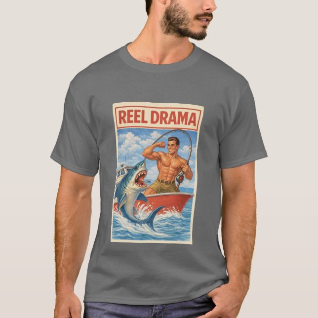 Reel Drama Shark Fisherman | Funny Retro Boating T-Shirt (Front)