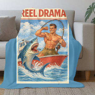 Reel Drama Shark Fisherman   Funny Retro Fishing Fleece Blanket
