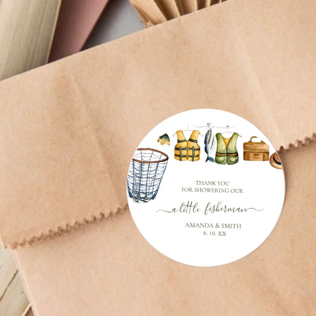 Reel Excited Little Fisherman Baby Shower Classic Round Sticker (Creator Uploaded)