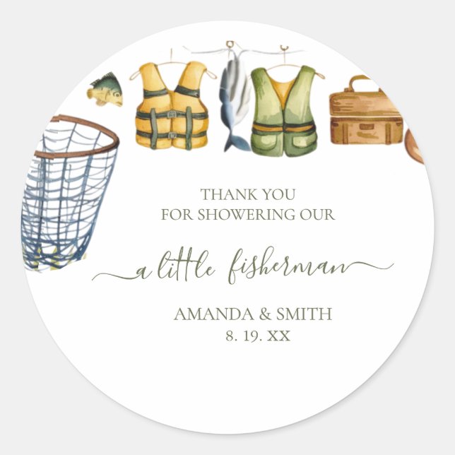 Reel Excited Little Fisherman Baby Shower Classic Round Sticker (Front)