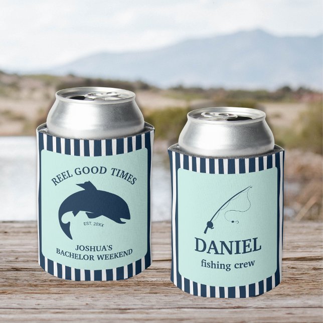 Reel Good Times Fishing Bachelor Party Can Cooler (He’s Been Hooked Fishing Bachelor Party Favor Beer Bottle Label)