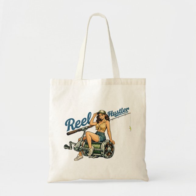 Reel Hustler Retro Fishing Pin-Up | Funny Fish Art Tote Bag (Front)