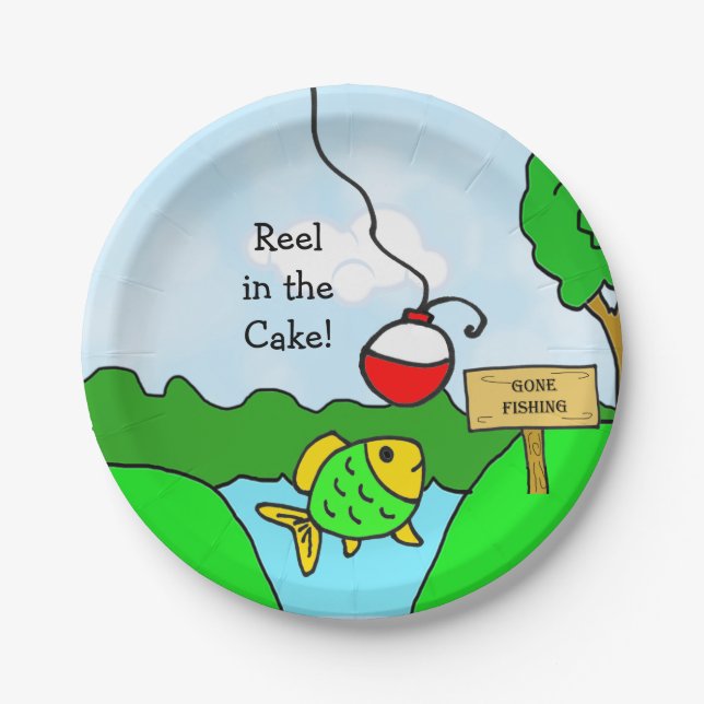 Reel in the Cake, Fishing Themed Birthday Party Paper Plate (Front)