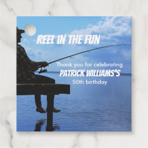 Reel in the Fun Sunset Fisherman 50th Birthday Favour Tags