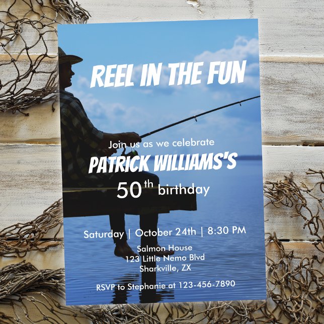 Reel in the Fun Sunset Fisherman 50th Birthday Invitation (Creator Uploaded)