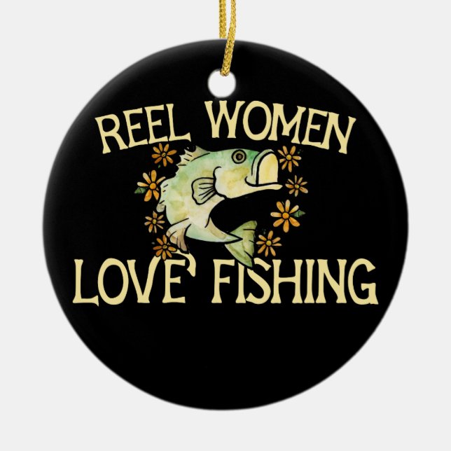 Reel women love fishing funny angler woman design ceramic tree decoration (Front)