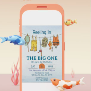 Reeling The Big One, Fishing Line 1st Birthday Invitation