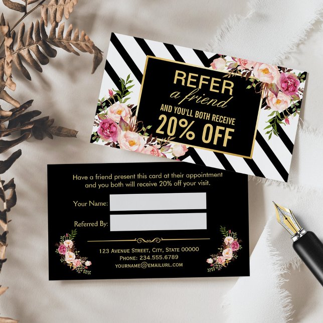 Refer a Friend | Beautiful Pink Floral Stripes Referral Card (Creator Uploaded)