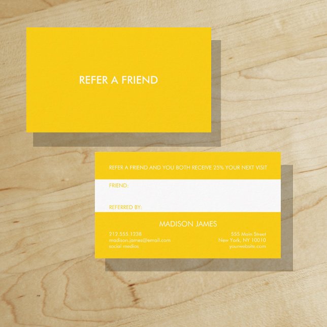 Refer a Friend | Bold Bright Golden Yellow Minimal Business Card ("Everyday is abundantly beautiful." 
Sincerely Best Wishes from Lucky Design World)