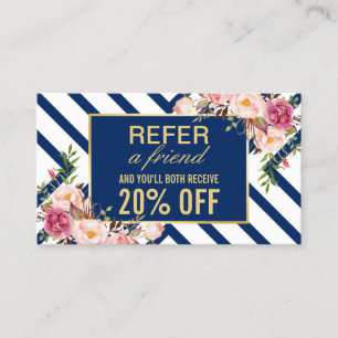 Refer a Friend Classy Floral Navy Blue Stripes Referral Card