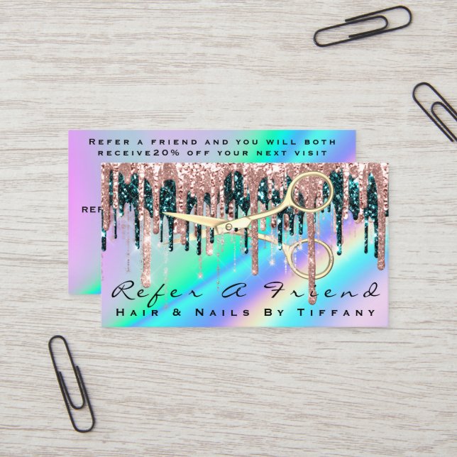 Refer A Friend Hairdresser Scissors Rose Holograph Business Card (Front/Back In Situ)