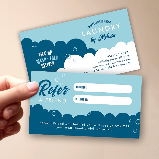 Refer A Friend Mobile Laundry Service Blue & White Referral Card (Trendy laundry service & dry cleaners refer a friend discount cards in blue and white)