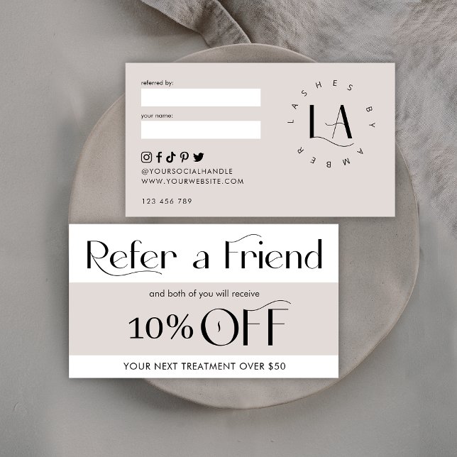 Refer a Friend Modern Serif Font Salon & Spa Taupe Referral Card (Creator Uploaded)