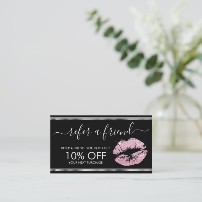 Refer a Friend - Pink Glitter Lipstick - Silver Referral Card (Standing Front)