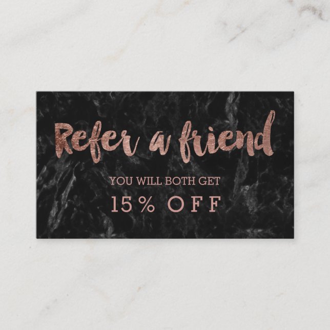 Refer a friend rose gold typography black marble referral card (Front)