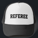 Referee hat for official sports teams supervision<br><div class="desc">Black and white referee hat for official sports teams supervision. Handy for soccer,  basketball,  softball,  baseball,  lacross,  water polo,  football,  rugby,  volleyball,  handball,  tennis and other sports that need an umpire. Great for High School games,  college leagues and tournament matches. Personalise with name of coach or trainer optionally.</div>