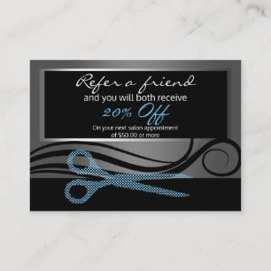 Referral card- black & blue & polka dot scissors card