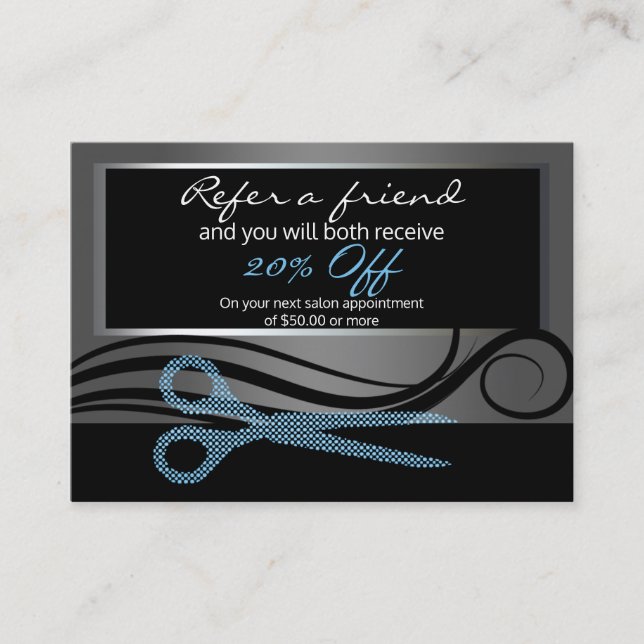 Referral card- black & blue & polka dot scissors card (Front)