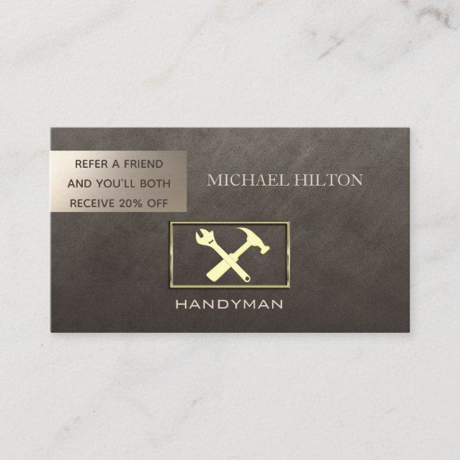 Referral card  elegant plain brown faux gold tools (Front)