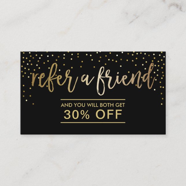 Referral Card | Modern Black & Gold Confetti (Front)