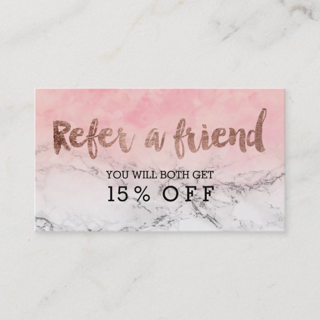 Referral rose gold typography watercolor marble card (Front)