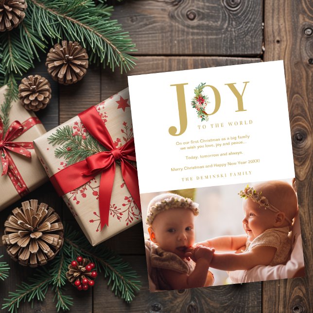 Refined and Chic Poinsettias Garland Photo Holiday (Classic Elegant Poinsettias Garland with Faux Gold "Joy to the World" Quote and Photo Holiday Cards.)