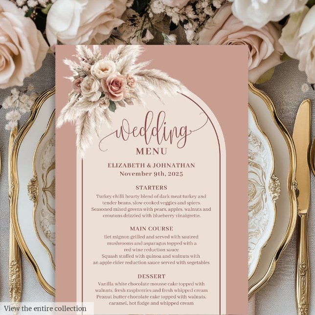 Refined Arch Pastel Pink Pampas Floral Wedding  Menu (Refined Arch Pastel Pink Pampas Floral Wedding Menu)