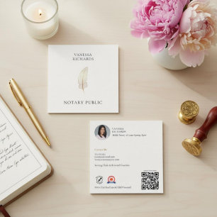 Refined Beige Gold Feather Chic Notary Photo QR  Square Business Card