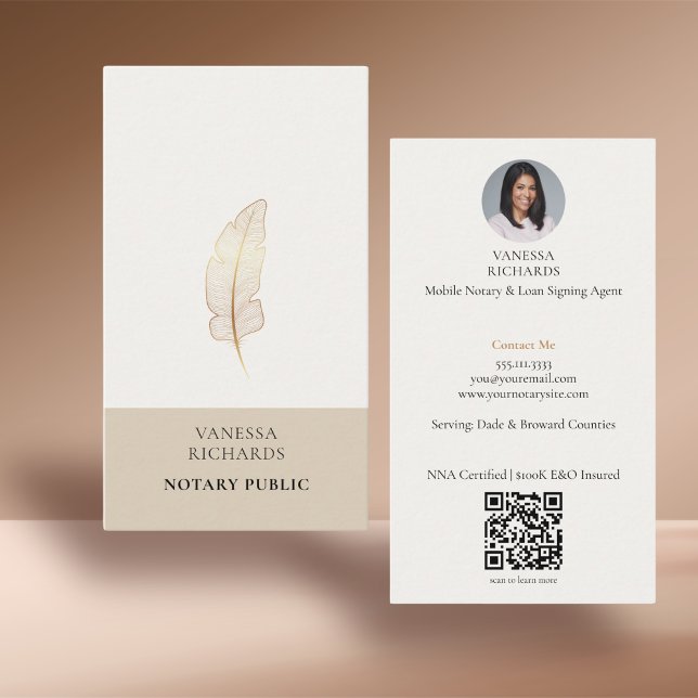 Refined Beige Gold Feather Notary Photo QR  Business Card (Creator Uploaded)