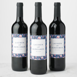 Refined Blue and Pink Floral Pattern Wine Label