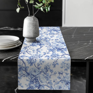 Refined Blue French Toile Roses Floral Table Runne Long Table Runner