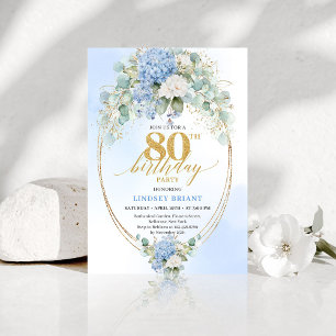 Refined Blue Hydrangea Gold Floral 80th Birthday   Invitation