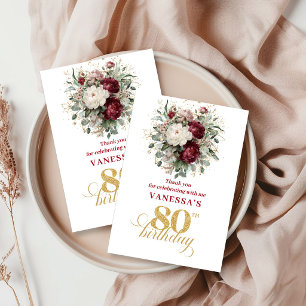 Refined Blush Burgundy 80th Birthday Thank You Card
