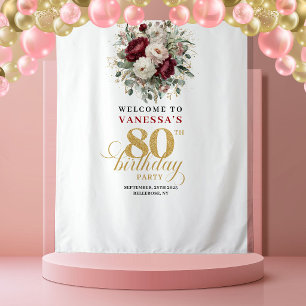 Refined Blush Floral 80th Birthday Banner Tapestry