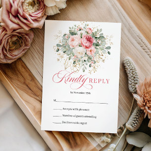 Refined Blush Roses Eucalyptus Gold Wedding RSVP Card