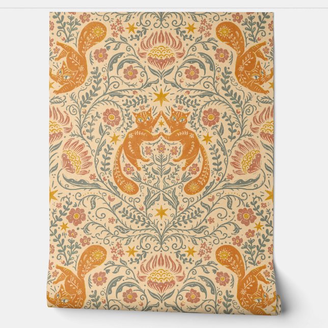 Refined Bohemian Cats - Cream & Orange Wallpaper (Unrolling)