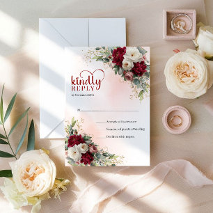 Refined Bohemian Red White Floral Gold Wedding RSV RSVP Card
