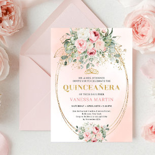 Refined Boho Blush Roses Greenery Gold Quinceañera Invitation
