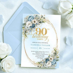 Refined Boho Dusty Blue Eucalyptus 90th Birthday Invitation