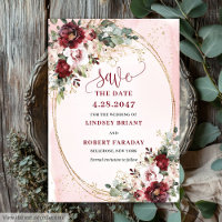 Refined Boho Maroon Blush Gold Floral Save Date